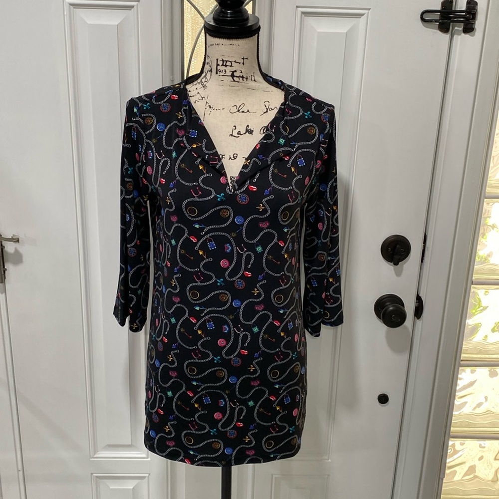 🆕NICOLE MILLER Chain Print Tunic Top Medium Pit to Pit 18” Black Multi Polyester
